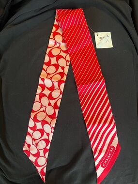 Coach Red and Pink Silk Twilly Scarf with Signature C pattern